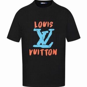 LV Retro Sketch Logo Black Crewneck Cotton Shirt